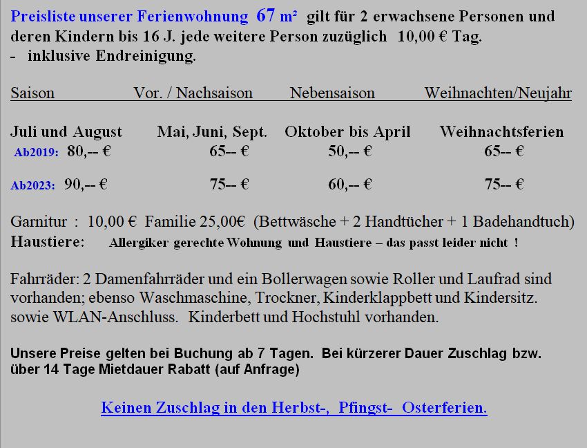 Preisliste der Ferienwohnung