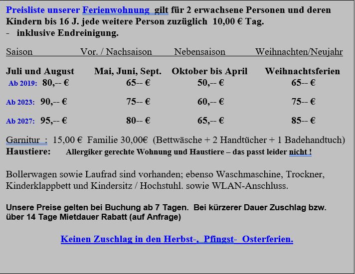 Preisliste der Ferienwohnung